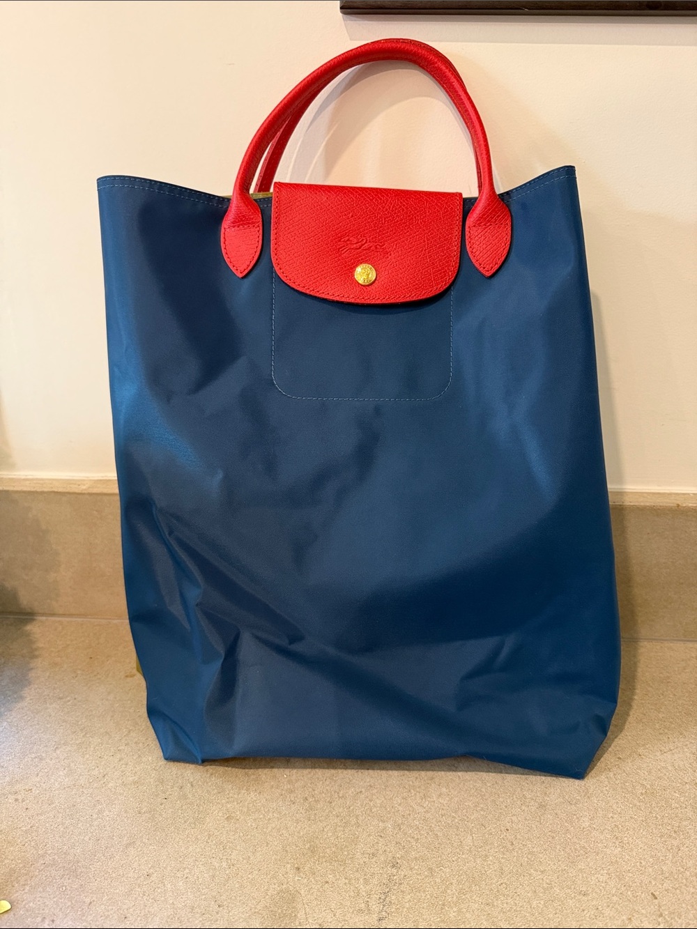 Longchamp Navy Tote with Red Leather Flap and Handles